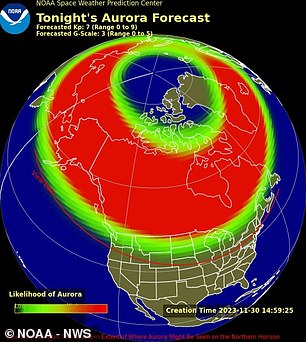 The aurora forecast for tonight, November 30, 2023, will spread deeper into the continental United States as usual, according to NOAA's Space Weather Prediction Center, thanks to a wave of incoming solar storms.