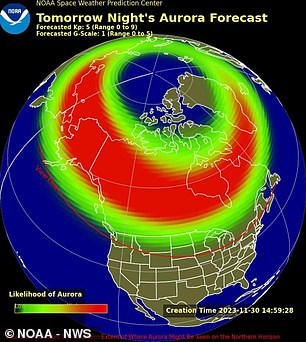 Tomorrow night's forecast is a little less strong with less of the northern lights visible in the south