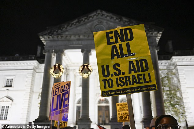 Members of the Palestinian Youth Movement carrying Palestinian flags and banners are seen in Washington DC on Thursday