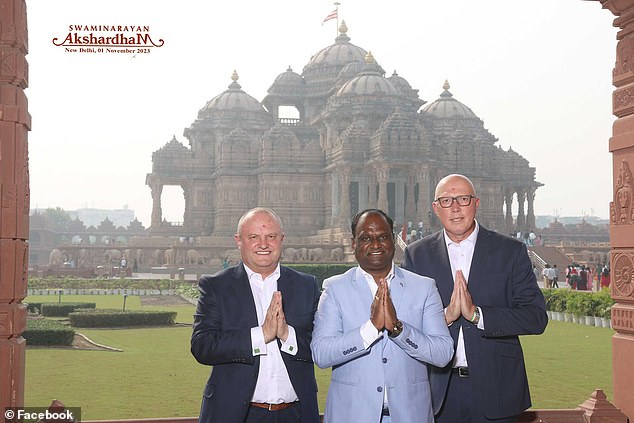 Opposition leader Peter Dutton made a whirlwind trip to India last month at the invitation of Prime Minister Narendra Modi.  Pictured here with fellow Coalition MP Jason Wood (left) and Liberal councilor for Blacktown Livingston Chettipally (centre)