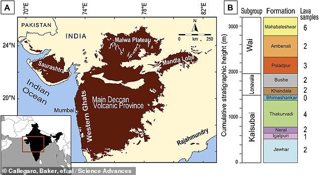 An international team of researchers from Italy, Norway, Canada and the United States analyzed sulfur and fluorine gases trapped in layers of ancient volcanic rock (shown above right) from the Deccan Traps supervolcano in India.  It is likely that volcanic gases led to lower temperatures globally