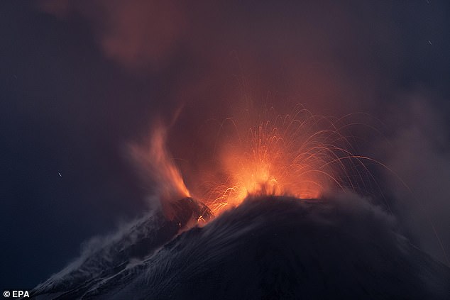 Above, a November 2023 eruption from one of the most active and tallest volcanoes in Europe, the snow-capped Etna volcano in Italy.  Etna shows what it looked like 