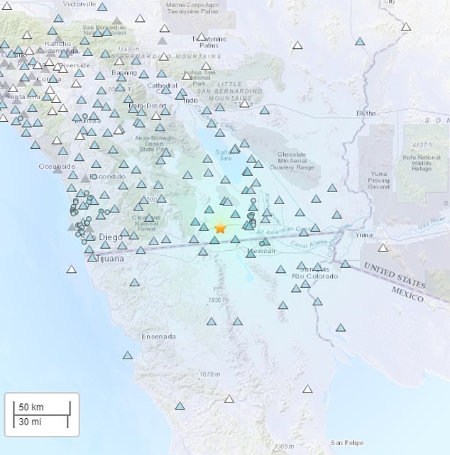 A map from the US Geological Survey showing the communities affected by the earthquake