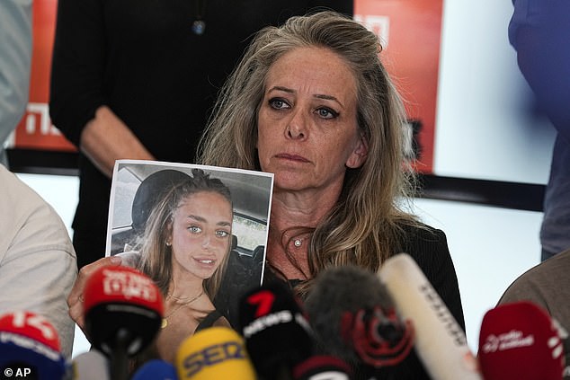 Keren, mother of Mia Schem and representatives of the families of the kidnapped and missing persons held by Hamas militants in Gaza hold a press conference following the release of a video by Hamas