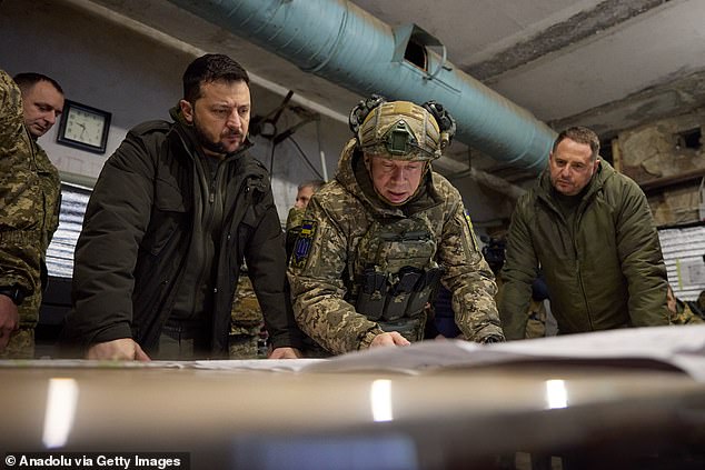 Ukrainian President Volodymyr Zelenskyy visits soldiers on the Kupiansk frontline in Kharkiv, Ukraine on November 30, 2023