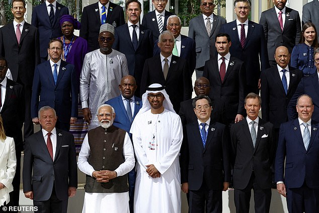 Jordan's King Abdullah II, Indian Prime Minister Narendra Modi, Minister of Industry and Advanced Technology of the United Arab Emirates and COP28 President Sultan Ahmed Al Jaber, Grand Duke Henri of Luxembourg, Prince Albert II of Monaco, Chinese Vice Prime Minister Ding Xuexiang, the Dutch Prime Minister Mark Rutte, the Israeli President Isaac Herzog, the Vice President of the Republic of the Gambia Muhammed BS Jallow, the Turkmen President Serdar Berdimuhamedov, the Ghanaian President Nana Akufo-Addo, the Comoros President Azali Assoumani and the Vice President of Benin, Mariam Chabi Talata, poses for a family photo during Cop28