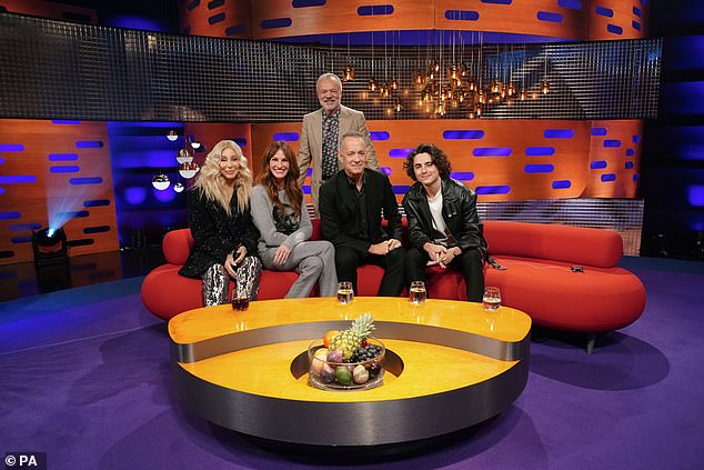 Julia appeared on The Graham Norton Show along with other guests (from left to right) Cher, host Graham, Tom Hanks and Timothee Chalamet