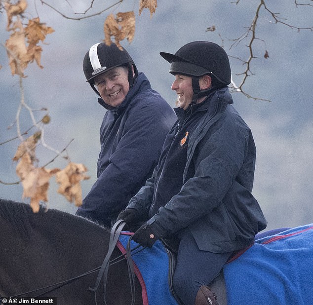 The Duke of York, 63, chuckled to a companion as he climbed into the saddle this morning