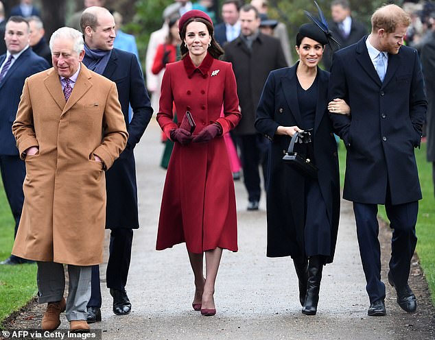 Pictured: King Charles, the then Duke and Duchess of Cambridge, Prince Harry and Meghan Markle at Sandringham in 2018)