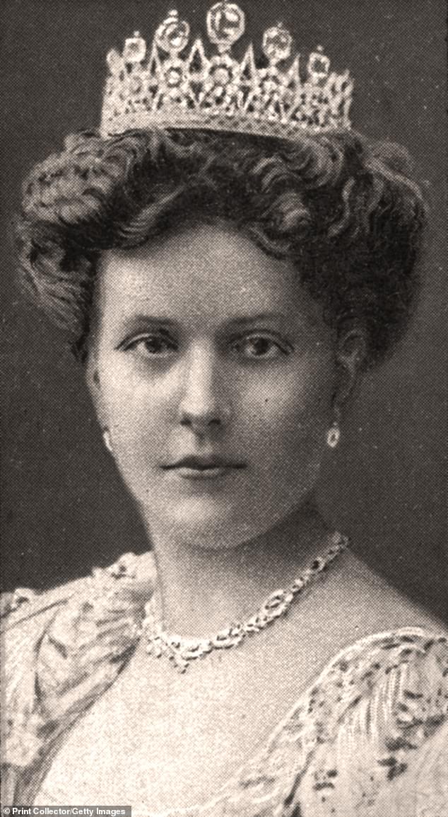 Phillip created Elizabeth's diamond bracelet from the Diamond and Aquamarine Tiara, which belonged to his mother, Princess Alice of Battenberg (pictured in 1908)