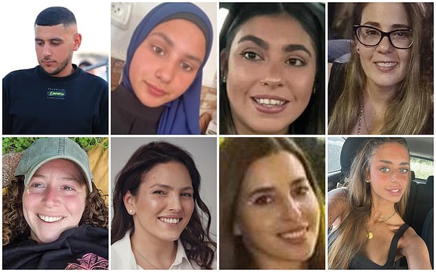 The hostages released last night, pictured from top left to bottom right: Bilal and Aisha Ziyadne, 18 and 17, Ilana Gritzewsky, 30, Nili Margalit, 40, Shani Goren, 29, Amit Soussana, 40, Sapir Cohen, 29, and Mia Schema, 21