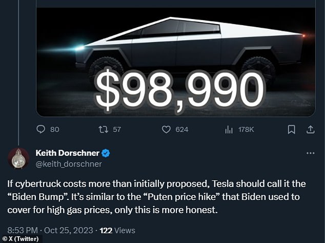 Tesla's most die-hard fans have focused on making excuses for Musk and his company to increase the price of the Cybertruck, attributing the cost increases to inflation and the policies of US President Joe Biden - even as the average price of electric vehicles has fallen.  19% in 2023