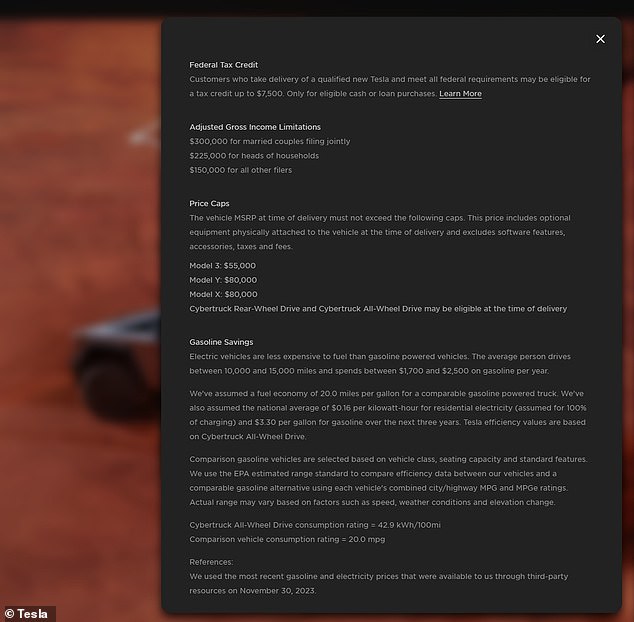 However, to make matters worse for serious Cybertruck buyers, the fine print on the much-hyped new vehicle came with its own fine print: an expandable notice stating that while previous Tesla Model 3, Y, and $7,500 Federal However, the fate of the Cybertruck's qualifications for the rebate remains uncertain