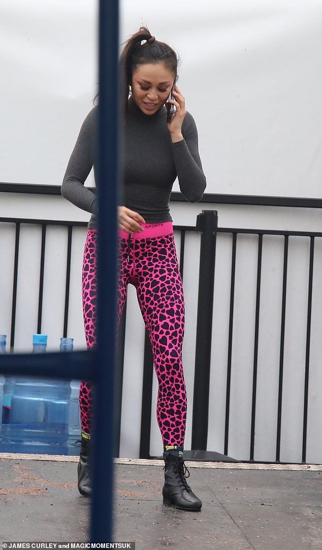 Katya was seen on the phone attending rehearsals at Elstree Film Studios in Hertfordshire