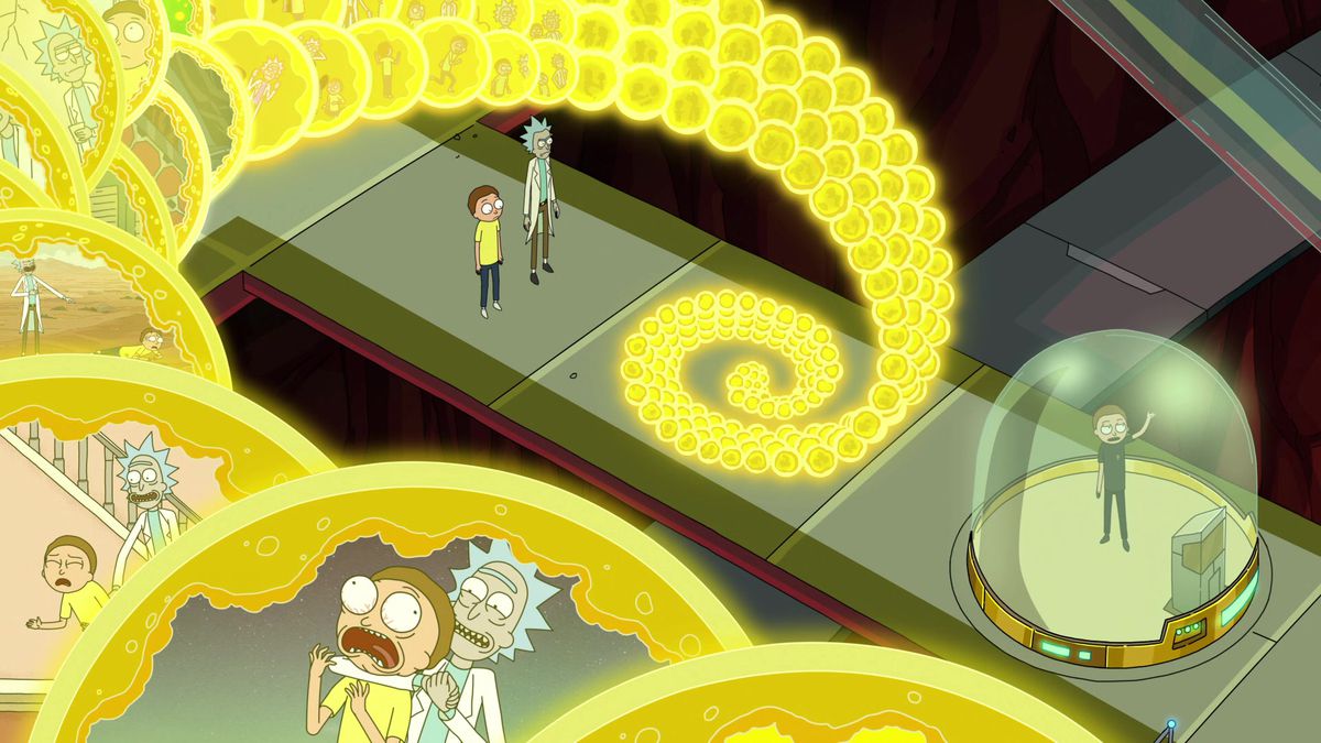 (L-R) Morty and Rick stare at a holographic projection of the multiverse with Evil Morty in Rick and Morty.