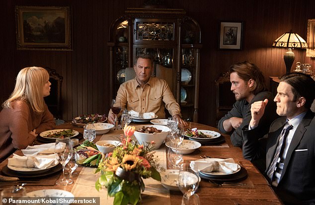 Meanwhile, the character Kayce is the son of Costner's protagonist John Dutton (second from left) and wife Evelyn Dutton (left), who is played by Gretchen Mol;  Kayce is seen second from the right as Wes Bentley and Jamie Dutton on the far right