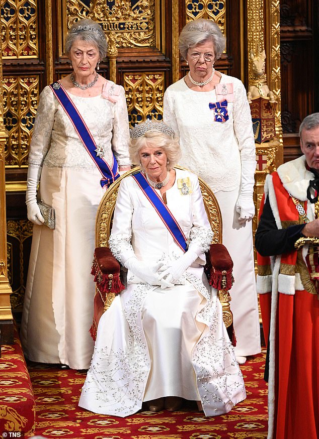 Queen Camilla with Lady Susan Hussey (left) at the State Opening of Parliament in 2019