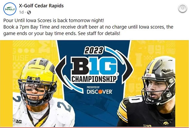 'Pour Until Iowa Scores is back tomorrow night!'  the establishment posted on Facebook