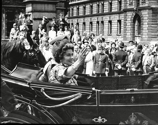 Queen Frederica of Hanover passes Parliament in an open carriage during a visit to Britain in 1963