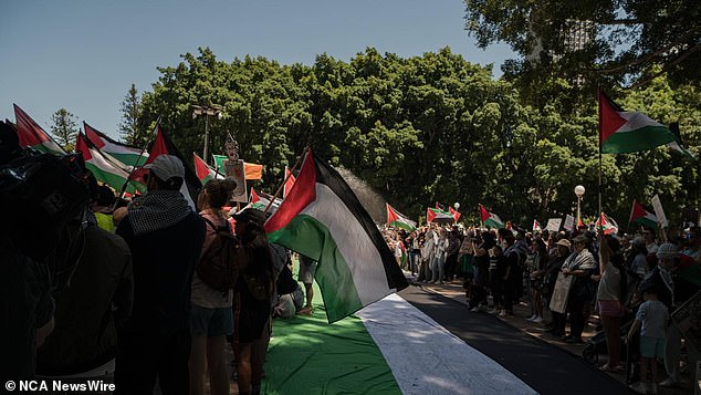 A huge Palestinian flag was laid down at the protest in Sydney