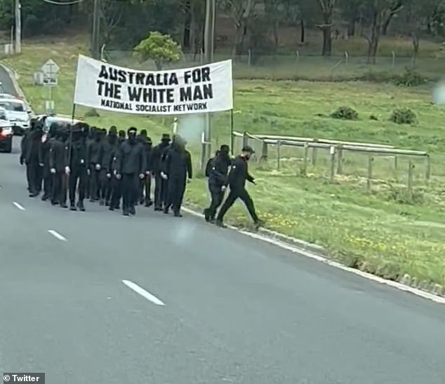 The neo-Nazi protesters were also escorted by police along the back roads near Sovereign Hill's popular tourist attractions.