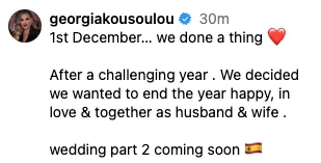 Happy news: The Only Way Is Essex stars Georgia Kousoulou and Tommy Mallet have announced their marriage - two days after exchanging vows in a private wedding ceremony