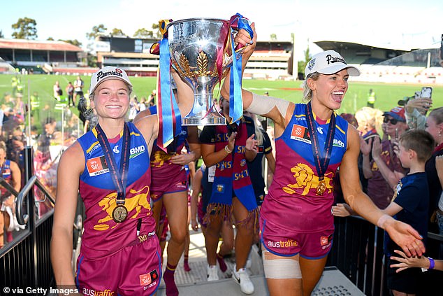 Lily Postlethwaite and Orla O'Dwyer celebrate with the famous cup after the grand final