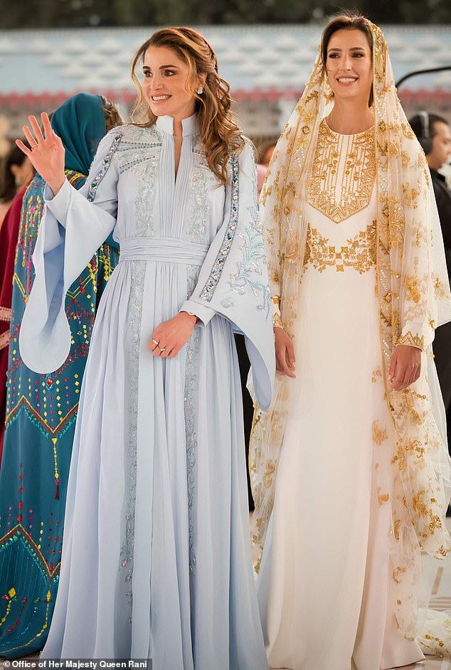 Queen Rania with her daughter-in-law Rajwa al-Saif during a pre-wedding dinner in Amman in May