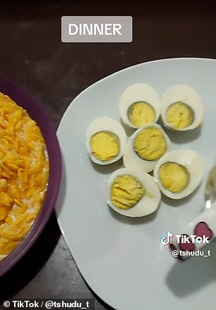 @tshudu_t shows her dinner with boiled eggs, green tea and a bowl of cornflakes