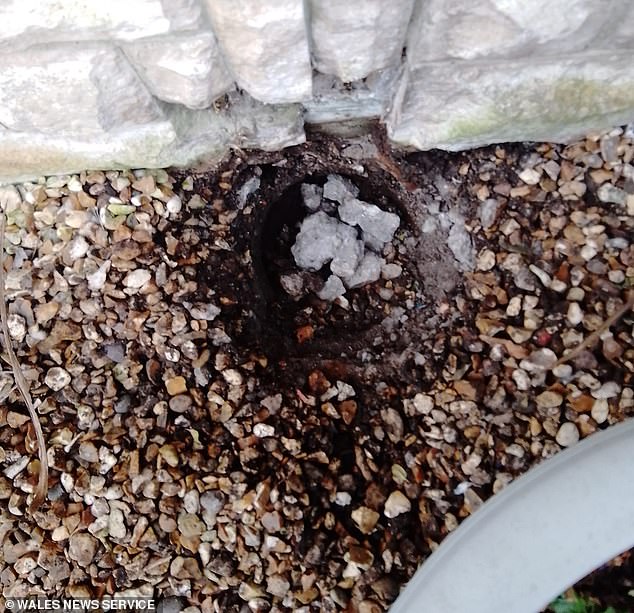 A hole remains in the couple's garden, where the bomb used to be