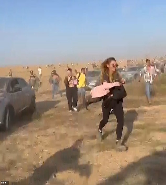 Festival goers flee the outdoor party after Hamas launched airstrikes and rampaged through the site with assault rifles.  The identities of alleged victims in the sexual assault investigation have not been shared by Israeli police