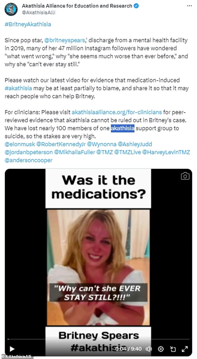 The akathisia advocacy group stated that the psychiatric medications Britney Spears was prescribed in 2019 were the cause of her fidgeting, believed to be akathisia.