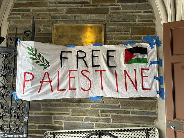 A free Palestinian flag hangs at Cornell