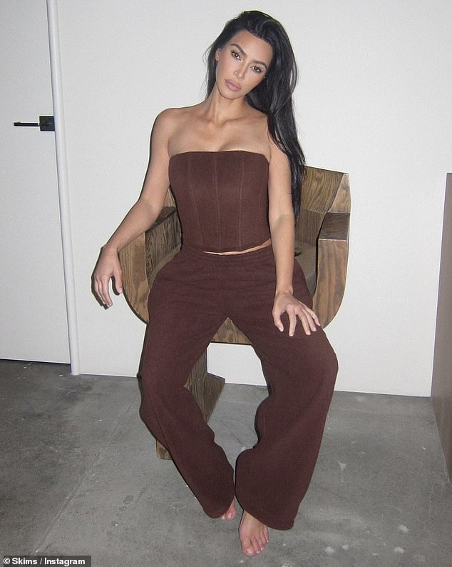 She captioned the post: “It's Sunday for new arrivals!  This week, our plush polar fleece Lounge is back and chicer than ever with new styles, a new color and returning favorites.  '@KimKardashian wearing the fleece lounge corset and trousers, size XS, in cocoa'