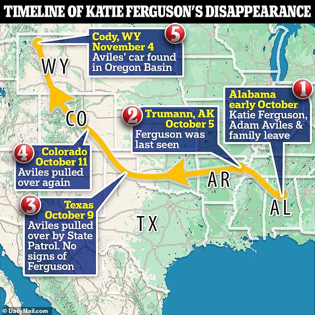 A map showing the timeline of Ferguson's cross-country road trip before she went missing