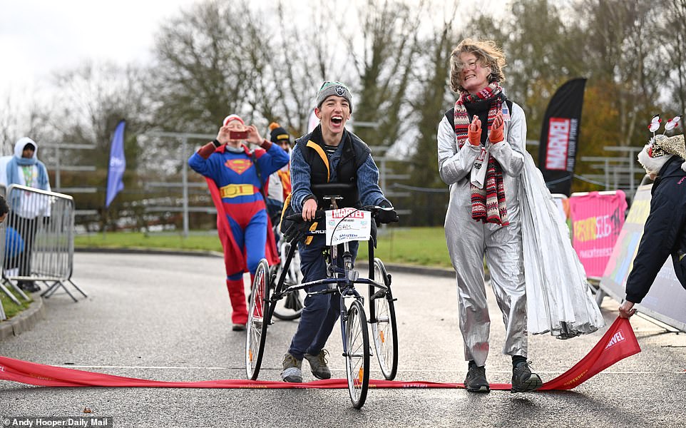 Sam (pictured above) couldn't contain his excitement as he crossed the finish line in Dorney Lake, Windsor, on Sunday