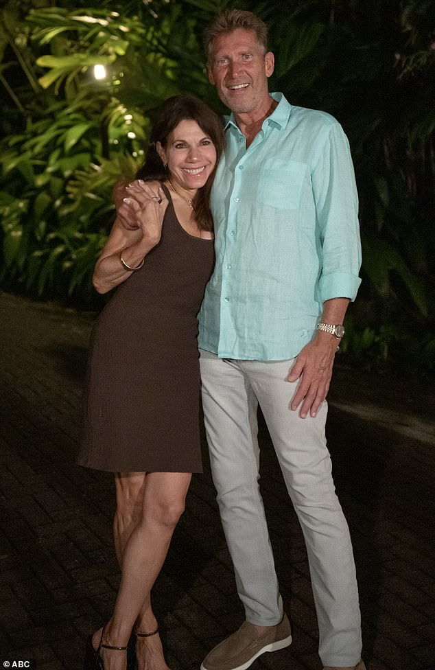 Turner is pictured with his new fiancée Theresa Nist, who he met on The Golden Bachelor and is now planning to marry.  Despite the accusations, she stands by him