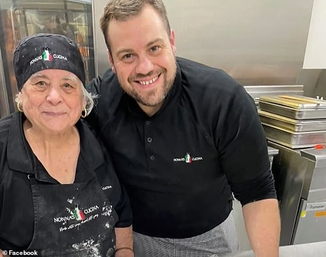 Mrs Dimasi volunteered in her grandson's kitchen (pictured together) Nonna's Cucina - a community meal service that provides food to people recovering from illness or medical treatment, the elderly and people with disabilities