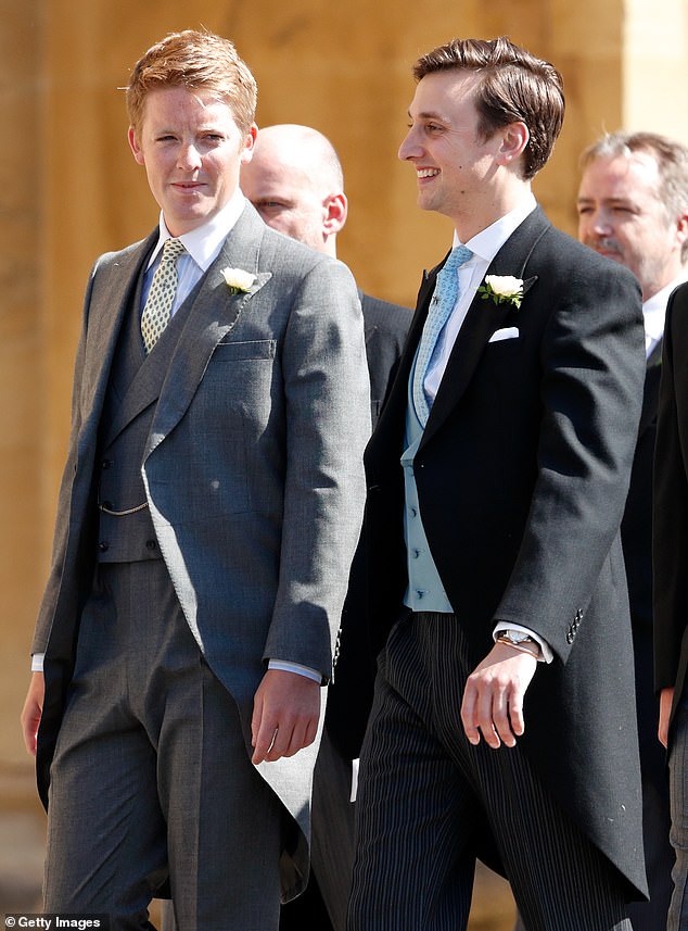 Hugh Grosvenor attends Prince Harry's wedding to Meghan Markle with Charlie van Straubenzee at St George's Chapel, Windsor Castle on May 19, 2018