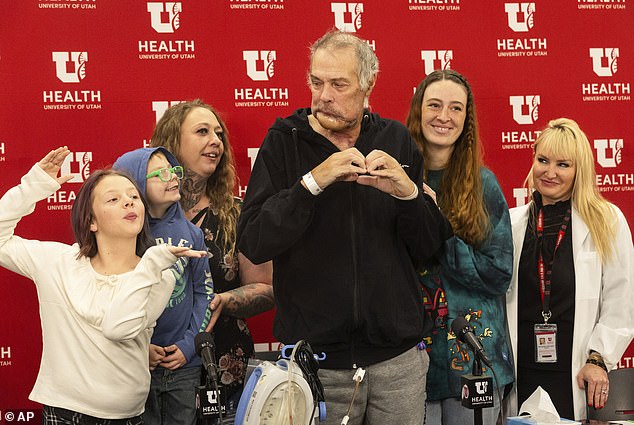 Noorlander happily left the University of Utah Hospital in October after spending five weeks there following the attack.  He is pictured with his daughters and grandchildren