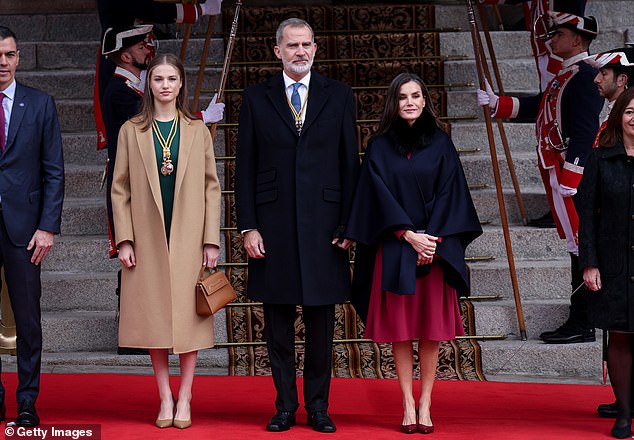 Pictured: King Felipe and Queen Letizia with their eldest daughter, Princess Leonor of Spain, last month