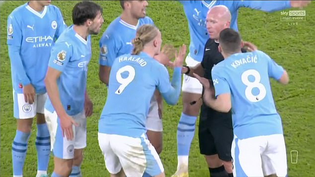 Haaland was furious with referee Simon Hooper for failing to give City an advantage late on and instead awarded a free-kick.