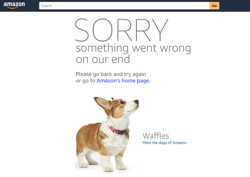 “Sorry, something went wrong on our end,” says an error page on Amazon.com, with a photo of a worried-looking corgi. 