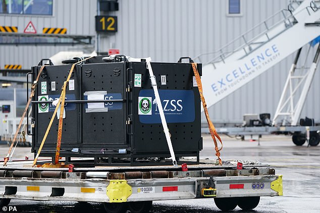 Giant pandas Yang Guang and Tian Tian are loaded inside metal boxes onto a China Southern Airlines cargo plane at Edinburgh Airport on Monday morning.