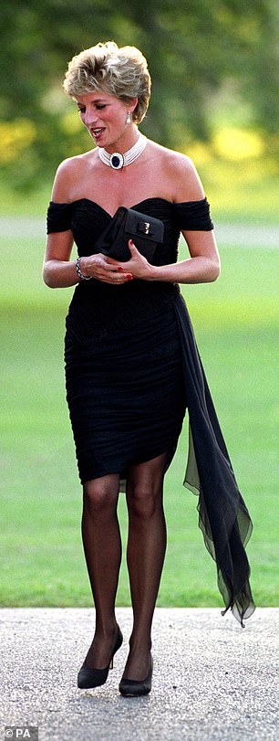 The TV presenter, 38, channeled Princess Diana's iconic 'revenge dress' look (pictured in 1994) for the star-studded event