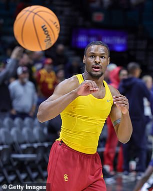 Bronny James on USC's pre-game layup line