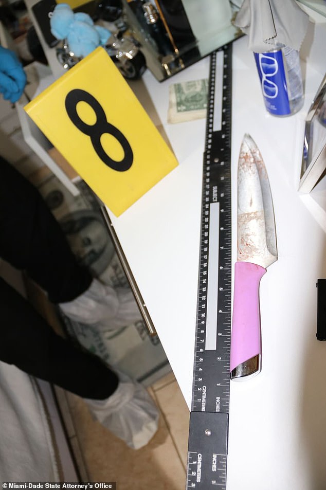 The knife is seen at the crime scene in Hialeah, Florida.  Rosa has been charged as an adult for the murder