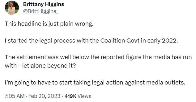 In February, Ms Higgins threatened legal action against media outlets that incorrectly reported her compensation claim