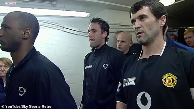 Keane (right) was furious after Vieira (left) got into an argument with his teammate Gary Neville