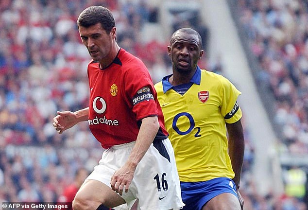 Keane and Vieira, who regularly locked horns in midfield, are pictured jostling for the ball at Old Trafford in September 2003, the season before their infamous Highbury tunnel row